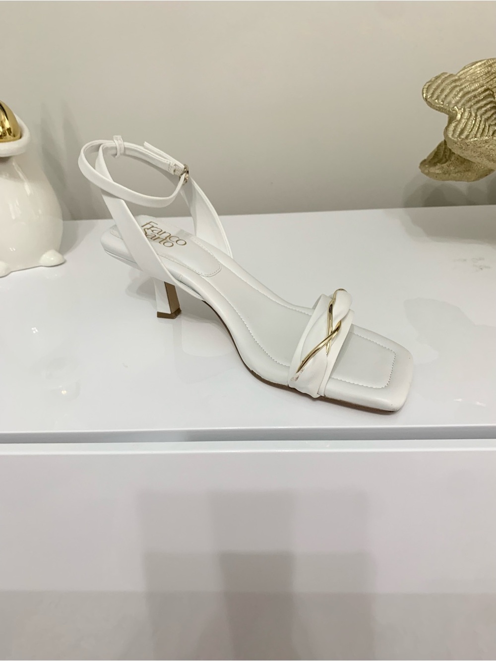 Franco Sarto White Ankle-Strap Sandal with Gold Twist Detail